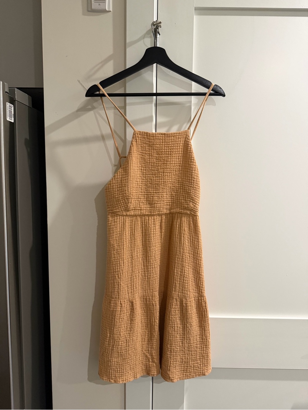 Zara Asymmetrical Textured Spaghetti-Strap Dress in Mustard Yellow